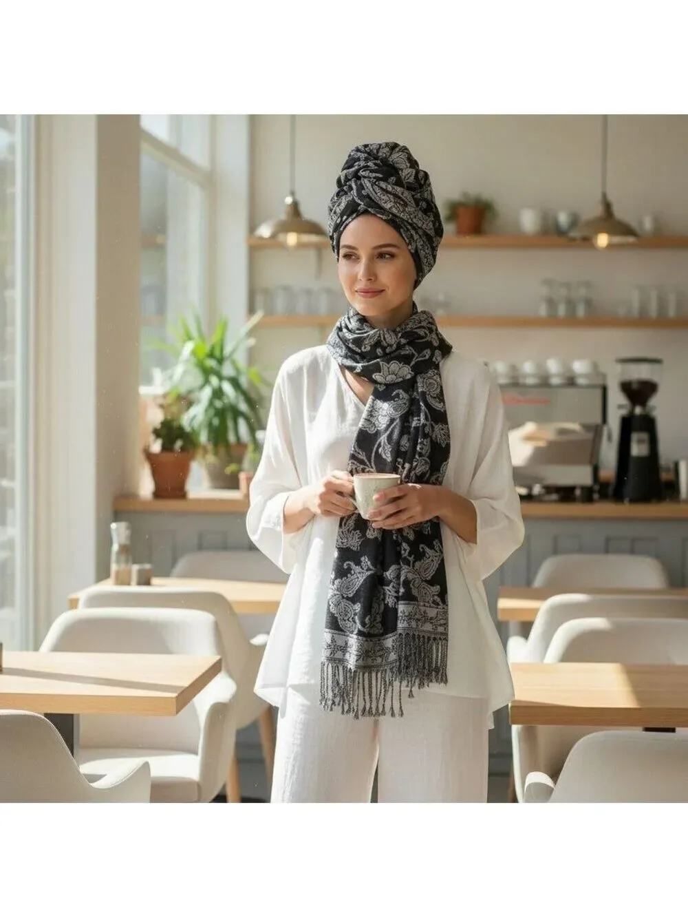 Black White Paisley Jacquard Scarf Shawl Fringe Boho Wrap Women 72x28